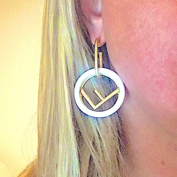 F Luxury Earrings Hoops Brushed Gold White Fashion Design NEW - Picture 6 of 7